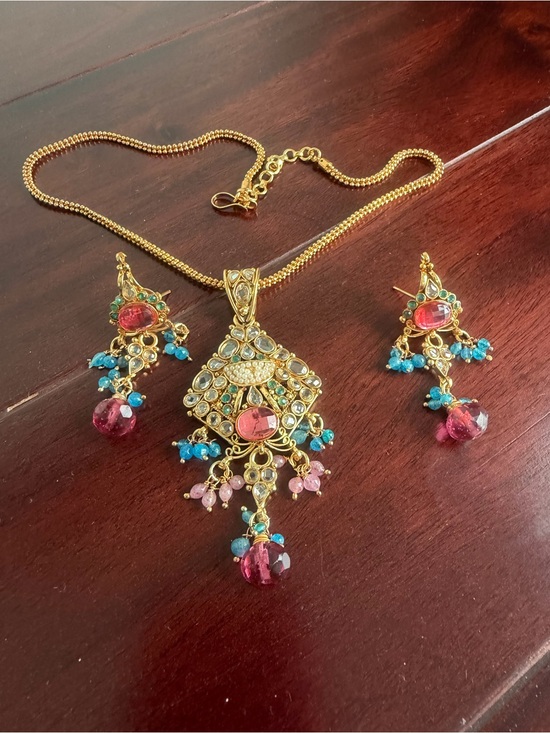 Jewelry - Gold-Tone Pink & Blue Gemstone Pendant Necklace and Earring Set